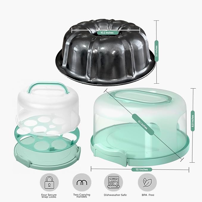 10 inch Bundte Cake Pan Nonstick with 12in Cake Carrier for Easy Transportation - Premium Fluted Cake Pans For Oven, Cake Mold, Moldes para Gelatinas