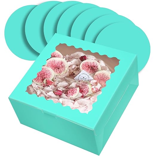qiqee 10x10x5 Cake Box, 18 Sets Mint Blue Cake Box with Window & 18 Sets 10" Mint Blue Cake Round Boards, 10inch Cake Containers
