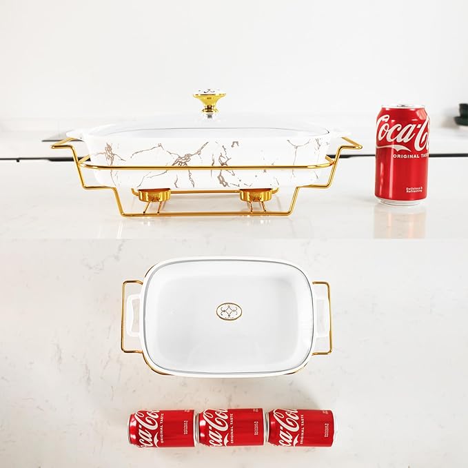 12" x 8" Ceramic Casserole Dish with Glass Lid and rack, 1.6 Quart Serving Soup Tureen,Chafing Dish for Buffet, Family Food preserve Tray, Catering Casserole for Party Style