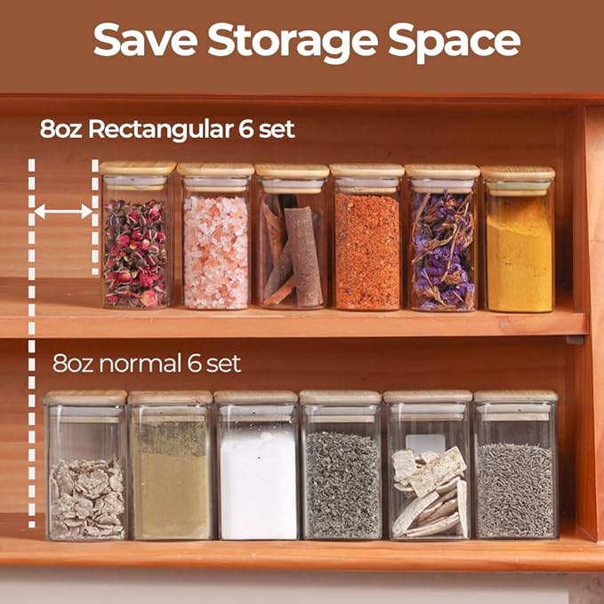 Comsaf Spice Jars with Label,8 oz Small Glass Jars with Lids, 6 Pcs Seasoning Containers, Rectangle Glass Containers with Lids, Empty Seasoning Jars for Pantry Storage, Loose Tea, Herbs, Powders, Salt