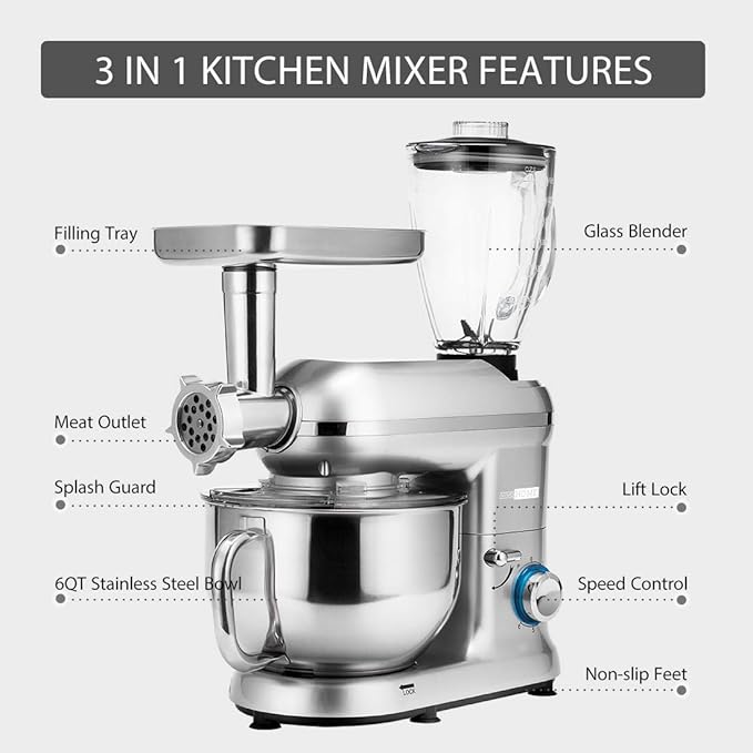 VIVOHOME 3 in 1 Multifunctional Stand Mixer with 6 Quart Stainless Steel Bowl, 650W 6 Speed Tilt-Head Meat Grinder, Juice Blender, Silver