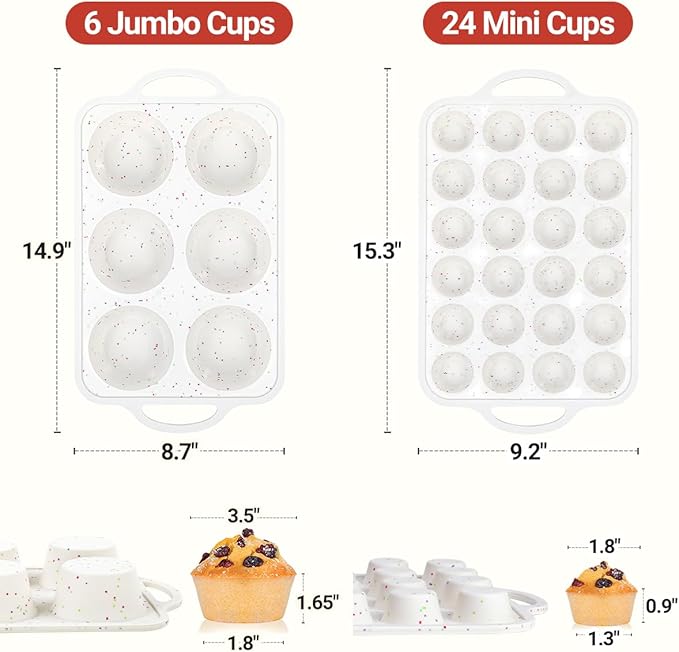 Silicone Muffin Pans for Baking, Metal Reinforced Frame Jumbo 6 Cups & Mini 24 Cups Cupcake Pan Nonstick Muffin Pan for Homemade Baking Easy to Handle