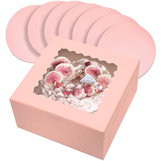 qiqee 10x10x5 Cake Box, 18 Sets Pink Cake Box with Window & 18 Sets 10" Pink Cake Round Boards, 10inch Cake Containers