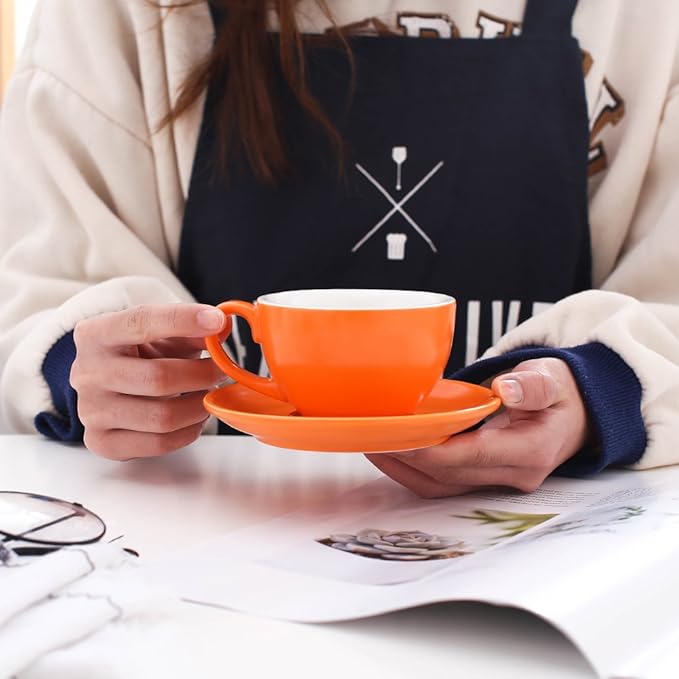Double Espresso Coffee Cup and Saucer, Small Cappuccino and Speciality Coffee, New Bone China for Coffee Shop and Barista (Matte Orange, 5 oz)
