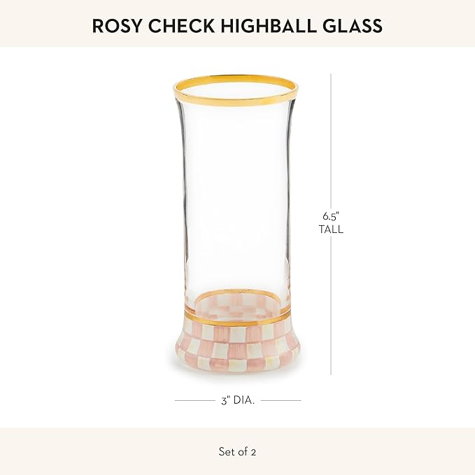 MACKENZIE-CHILDS Highball Glasses, Tall Drinking Glasses with Gold Rims, 15 Ounces, Set of 2, Pink-and-White Rosy Check