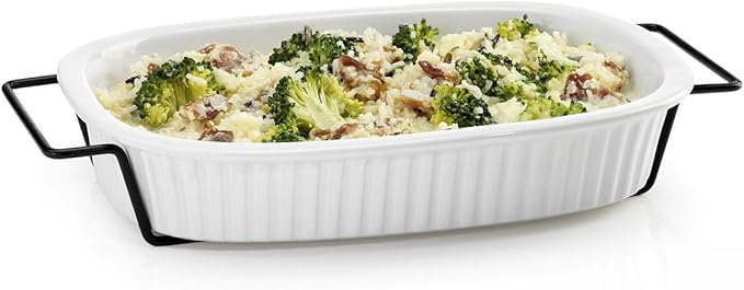 Oven to Table White Casserole Porcelain Baking Dish with Iron Rack, Nonstick Large Rectangular Meal Prep Cookware Dish, 1-Quart Baker Ovenproof Pan