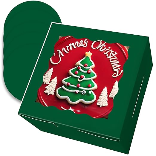 qiqee 8x8x5 Cake Box, 18 Sets Green Cake Box with Window & 18 Sets 8" Green Cake Round Boards, 8inch Cake Containers