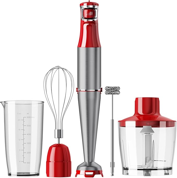 Immersion Blender Handheld Corded Hand Blenders Set 1100W, Trigger Variable Speed 5 in 1 Stick Emulsifier with Chopper, Whisk and Frother for Soup, Baby Food and Smoothies, Red