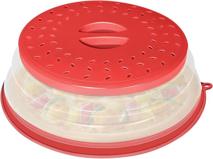 Collapsible Microwave Splatter Cover, Vented Microwave Lid with Hook Hole, Splatter Guard for Plate Dish Bowl, Vegetable Fruit Colander Multi-function Kitchen Gadget, BPA-Free (Red)