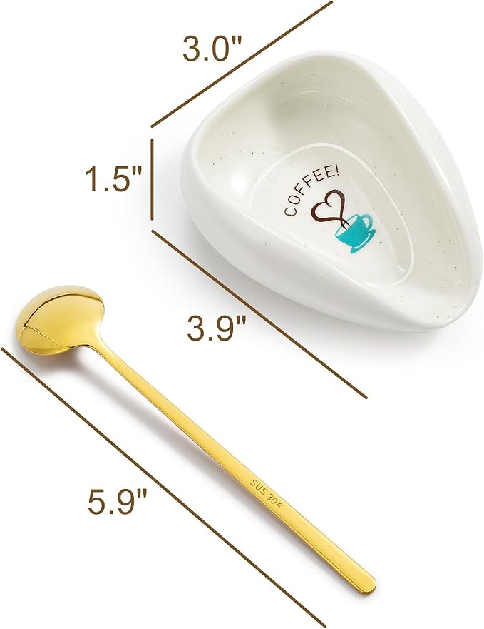 FANGSUN Spoon Rest with Gold Coffee Spoon, Ceramic Spoon Holder for Kitchen Counter, Teaspoon Rest for Stove Top, Cute Coffee Bar & Corner Space Accessories