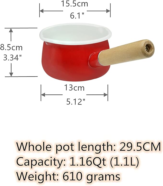 Enamel Milk Pan with Dual Pour Spout Butter Warmer Milk Pot for Stove Top Healthy White Enameled Inside Coating Iron 1QT Small Soup Pot with Wooden Handle (Red)