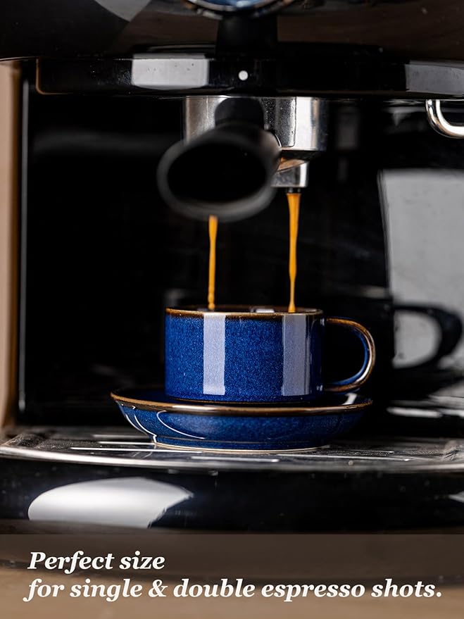 Gomakren 2.5 Ounce Espresso Cups Set of 4, Small Stackable Coffee Cups with Saucers and Metal Stand, Halloween Porcelain Demitasse Cups for Specialty Coffee Drinks, Espresso, Cappuccino, Cobalt Blue