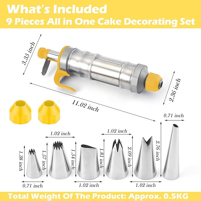 JAYVAR Dessert Decorating Syringe Set, Cake Decorating Kit, Stainless Steels Frosting Piping Kit for Cupcake Decoration with 6 Piping Nozzles, Cake Decorating Gun for Frosting Cream to Make Cupcakes