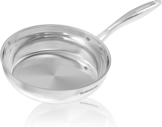 Sunhouse 10 Inch 18/10 Chef Series Stainless Steel Frying Pan, Tri-Ply Stainless Steel Construction, PFOA-FREE, Stay-Cool Handle, Induction Compatible with All Cooktops, Dishwasher Safe