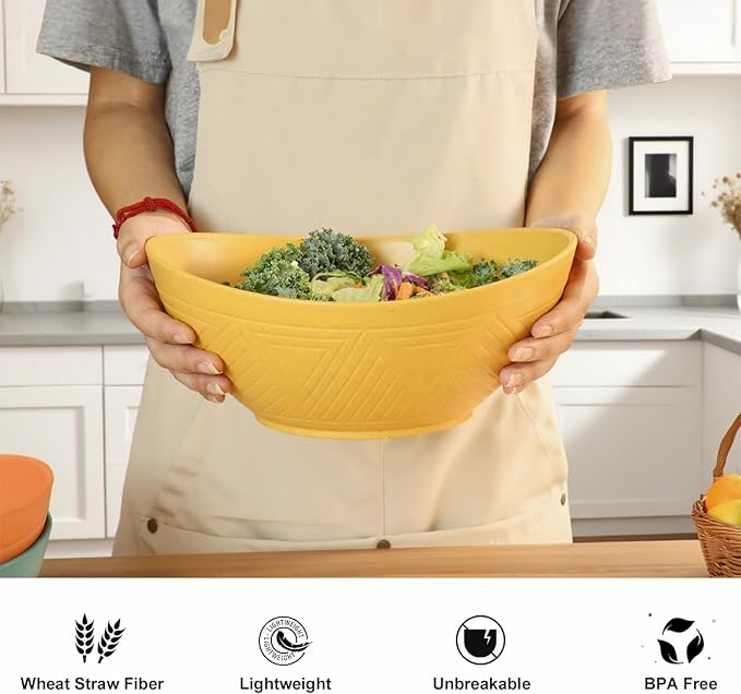 65 OZ Wheat Straw Bowls Set of 4, Large Unbreakable Salad Bowls, Microwave & Dishwasher Safe Serving Bowl, Kitchen Bowl Mixing Bowl for Salad, Cereal, Soup and Oatmeal (Multicolor)