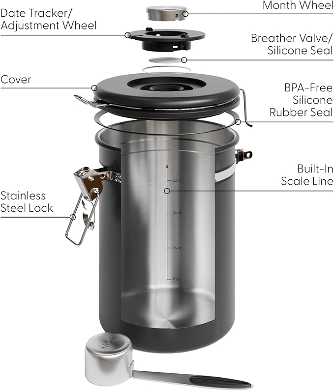 Veken Coffee Canister with Window, Airtight Stainless Steel Kitchen Food Storage Container with Date Tracker and Scoop for Grounds Coffee, Beans, Tea, Flour, Cereal, Sugar, 38&16OZ,Black