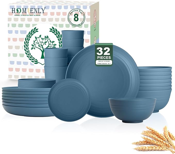 Homienly Wheat Straw Plates and Bowls Set, Premium Wheat Straw Dinnerware Sets- Dinner Plate, Dessert Plates, Cereal Bowls, Drinkig Glasses, Microwave and Dishwasher Safe Dish Set for Camping - Blue