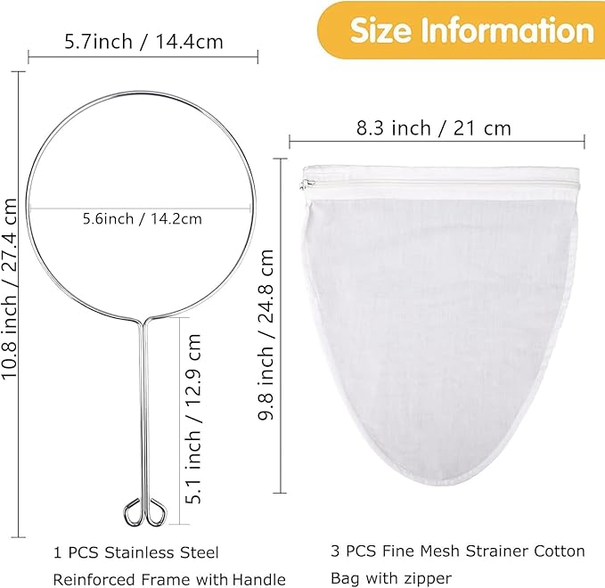 WMKGG Ultra Fine Mesh Strainer Bags, Reusable Mesh Filter Bags with Stainless Steel Handle Frame for Filter NutMilk, Coffee, Milk, Butter, Juices and Fresh Cheese (Small Size)(5.6"Wx9.8"D)