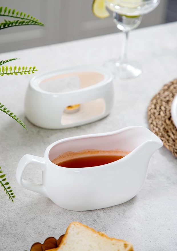 Nucookery Large 18 Oz Gravy Boat with Warmer, White Fine Porcelain Saucier with Big Dripless Lip Spout, Gravy Bowl For Thanksgiving, Warming Sauces, Salad Dressings, Microwave & Freezer Safe(Modern)