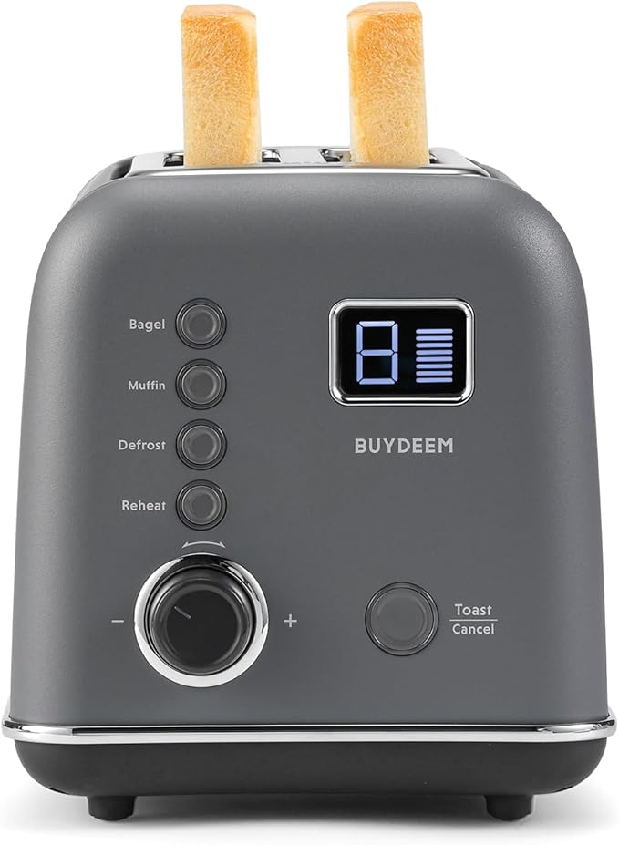 BUYDEEM DT730 Motorized Toaster, 2-Slice Smart Digital Leverless Toaster with LCD Countdown Timer, 9-Shade Settings for Toast, Bagels, Waffles, Muffins