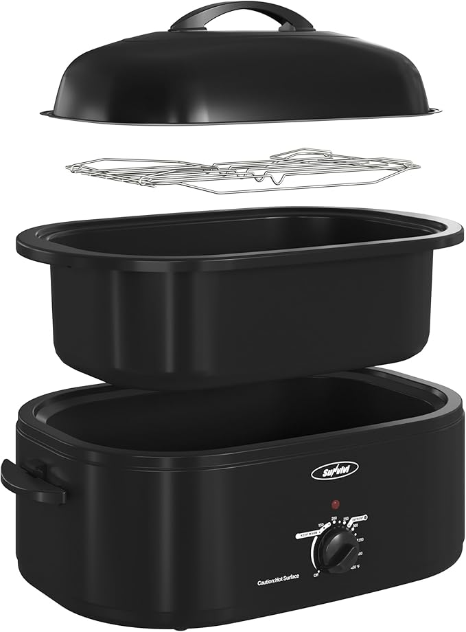 Sunvivi 18-Quart Roaster Oven with Self-Basting Lid, Electric Turkey Roaster Oven with Removable Pan and Rack, Stainless Steel, Black