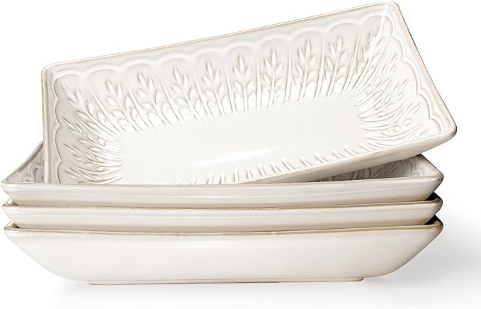 Artena Ceramic 8.25 Inch Rectangle Salad Plates Set of 4 - Deep Plates for Appetizer, Dessert, Dinner, Sushi, Snack, Pasta, Serving - Microwave Safe with Embossed Rim Design (Wheat Leaf)