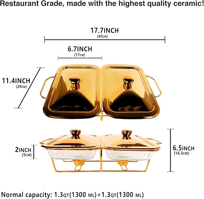 Casserole Dish Rectangle 2-in-1 Glass Baking Dish, with Stainless steel Lid and Gold rack, 1.3 Qt x 2 pcs Baking Pan For Casserole & Lasagna, Dishwasher Oven Freezer Microwave Safe