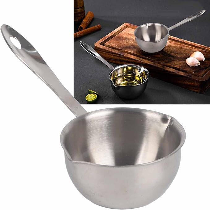 Butter Warmer Pot Small Butter Warmer Measuring Pot with Long Handle, All in One Flat Induction Bottom Mini Butter Hot Pot Milk Pot Small Saucepan Sturdy Stainless Steel (150ML)