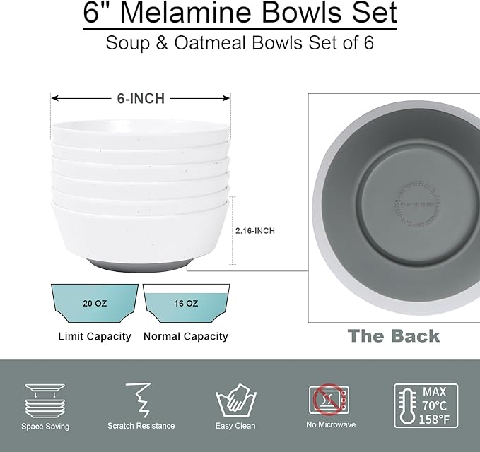 Webbylee 6-inch Melamine Bowls set of 6-20-ounce Dinnerware Cereal Bowls for Soup, Salad & Dessert | Dishwasher Safe & Space Saving(White/Grey)