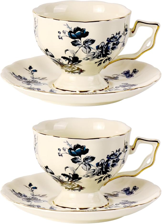 KAMMAK Tea Cups and Saucers Set of 2, Porcelain Coffee Cups, 6.8-Ounce Stackable Espresso Mugs, Ceramic Demitasse for Coffee, Latte, Americano, Tea, Blue Orchid