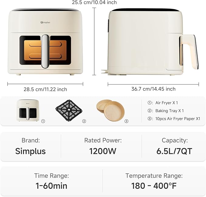 SIMPLUS Air Fryer 7 QT with Easy-View Window, Large Capacity Airfryer for Family, 400°F Rapid Air Crispy Technology, Touch Controls with 10 Presets, Nonstick & Dishwasher Safe Basket - Cream White