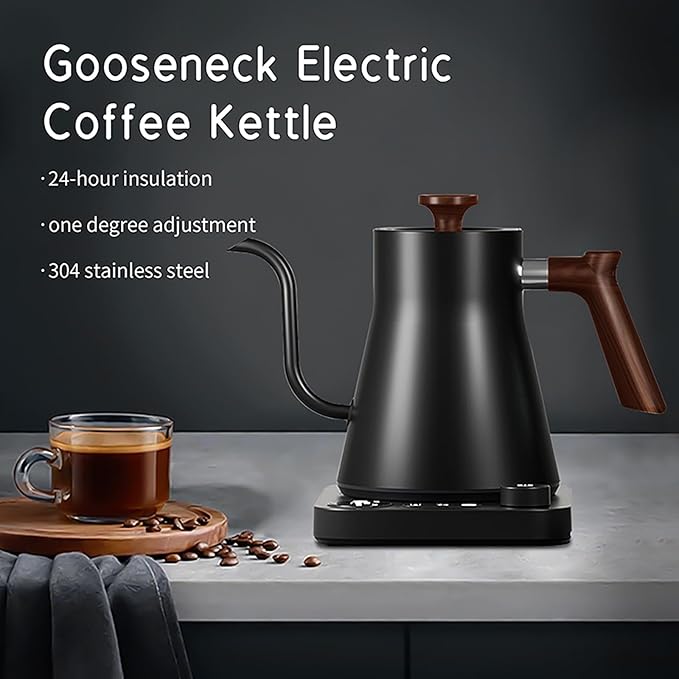Gooseneck Electric Kettle,Electric Kettles, ±1℉ Temperature Control, Ultra-Quiet 304 Stainless Steel, for Coffee, Tea & Milk, Auto Boil Detection, 8 Safety Protections & Memory Function(Black,0.9L)