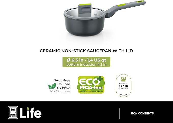 BRA COOKWARE Life Sauce Pan w/Glass Lid | 6.3 inches 1.2 quarts Recycled Cast Aluminum Small Casserole | Ceramic Non-Stick | All Heat Sources Compatible | PFOA Free Sauce Skillet | Soft-Touch Handle