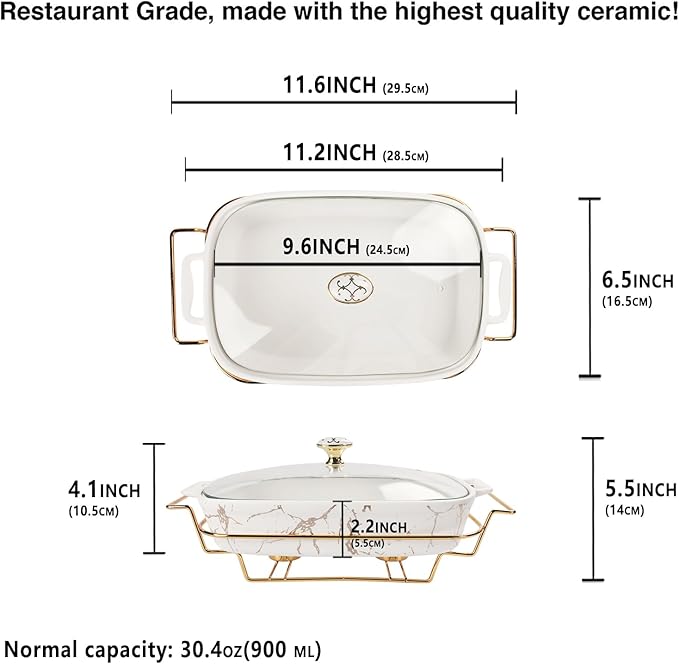 10" x 6" Ceramic Casserole Dish with Glass Lid and rack, 30 oz Serving Soup Tureen,Chafing Dish for Buffet, Family Food preserve Tray, Catering Casserole for Party Style