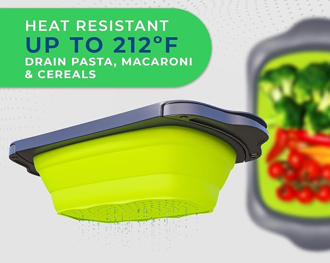 XL Large Kitchen Strainer by Comfify - Collapsible Silicone Over-The-Sink Colander with Extendable Handles - Use with Pasta, Fruit, Berries & Veggie - 6 Quart - Green