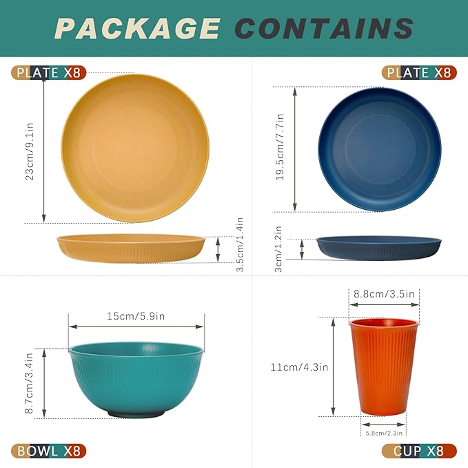 Wheat Straw Dinnerware Sets for 8, Osonm 32PCS Unbreakable Reusable Plastic Dinner Plates Dessert Plates Bowls Cups Set, Dishwasher Microwave Safe Dishes Set for Camping RV Kitchen Dorm (Multicolor)