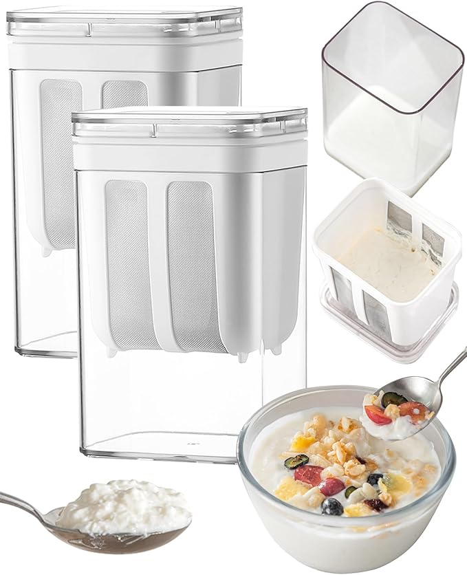 Yogurt Strainer 2Pack, 19oz/562ml Thick Greek Yogurt Milk Filter, Food Strainer, Greek Yogurt Strainer with Stainless Steel Fine Mesh Bag and Lid for Yogurt, Soybean Milk, Kefir, Berries, Fruit Juice