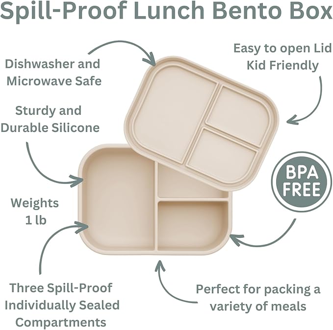 Ali+Oli Silicone Bento Box (Coconut) Lunch Box for Kids, Toddlers, Preschoolers & Adults | BPA-Free and Spill-Proof | Ideal for School, and On-the-Go Meals| Perfect for Lunch, Snacks, and Meals