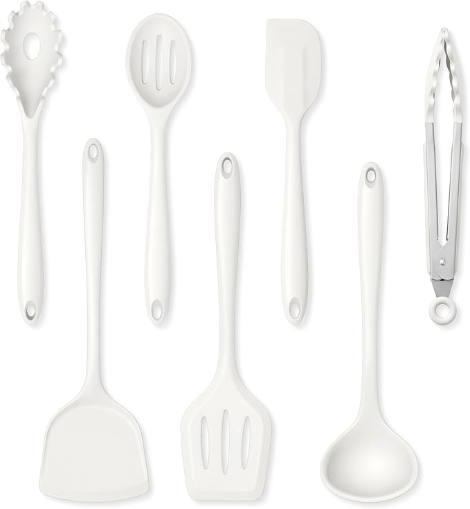 Herogo Silicone Cooking Utensils Set, 7-Piece Kitchen Utensils Set, Heat Resistant Cooking Gadget Tools Slotted Turner, Spoon, Soup Ladle, Pasta Server, Spatula, Tongs for Nonstick Cookware, White