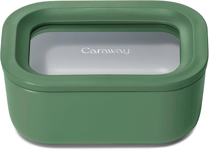 Caraway Mini Rectangle Food Storage Container - 2.6 Cup Glass Storage Container for Food - Non-Toxic Ceramic-Coated Glass - Air Release Technology - Compact & Stackable Design - Sage