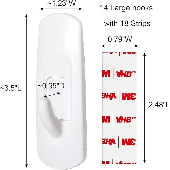 14 Large Hooks for Hanging, Adhesive Wall Strips Hooks Heavy Duty, no Damage Sticky Utility with 18 Strips for Bathroom Towel,Coat,Door,Key