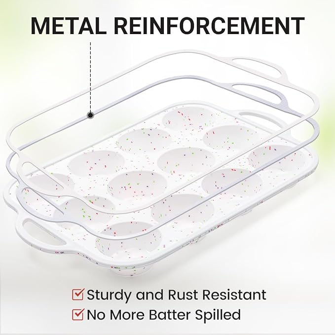 12 Cups & 24 Cups Silicone Muffin Pan with Metal Frame, Regular & Mini Muffin Pan Set for Baking 2 Pack