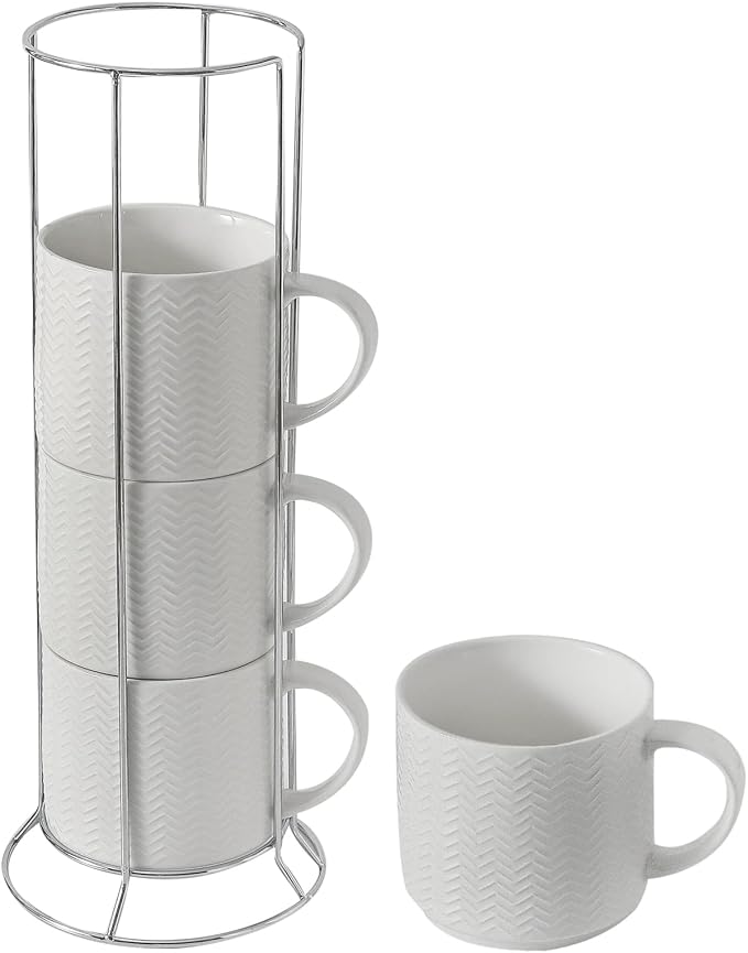 Hasense Coffee Mugs Set of 4 with Stand, 15 oz Porcelain Stackable Coffee Cups Set with handle for Tea, Latte, Milk and Cappuccino, White Embossed Tea Cups Set with Geometric Pattern for Men and Women