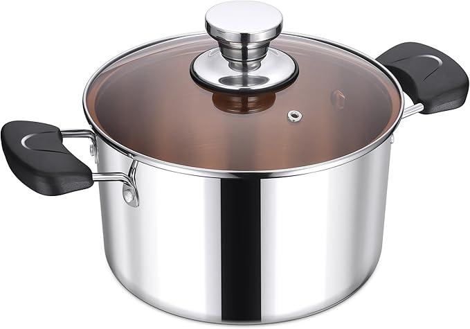 E-far 4-Qt Stock Pot, Triply Stainless Steel Stockpot with Glass Lid & Stay-Cool Handles for Cooking Simmering Soup Stew, Heavy Duty Cookware Works w/Induction, Non-toxic & Dishwasher Safe
