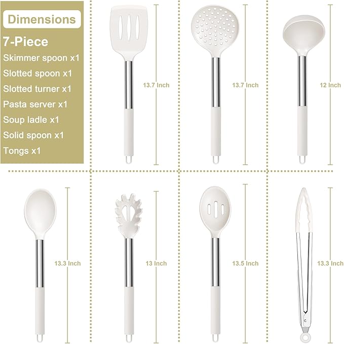 E-far Silicone Cooking Utensils Set, 7 Pcs Heat Resistant Kitchen Utensils with Stainless Steel Handle, Slotted Turner, Spoon, Soup Ladle, Pasta Server, Skimmer, Tongs for Nonstick Cookware, White