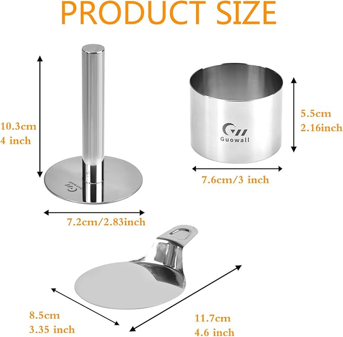 Guowall 6 pack Seamless Mousse Ring Set 3 inch Stainless Steel Round Cake Cutter Food Pastry Mold for Baking (Includes 1 Lifter, 1 Pusher and 6 Rings)