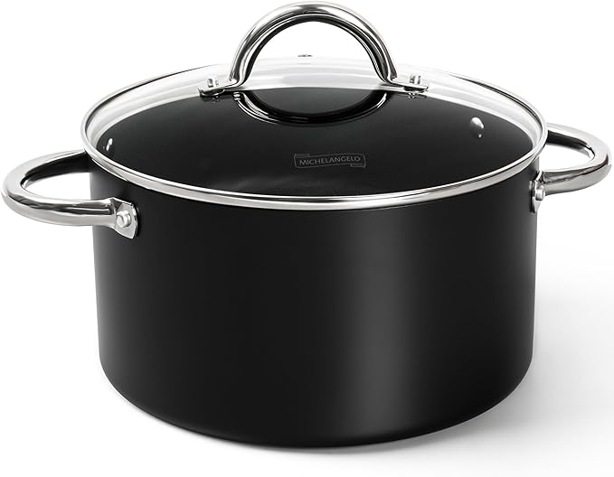 MICHELANGELO Stock Pot with Lid, Nonstick Cooking Pot, 6 Quart Soup Pot with Lid, Non Stick Pots with Stainless Steel Handle, Induction Compatible, Black