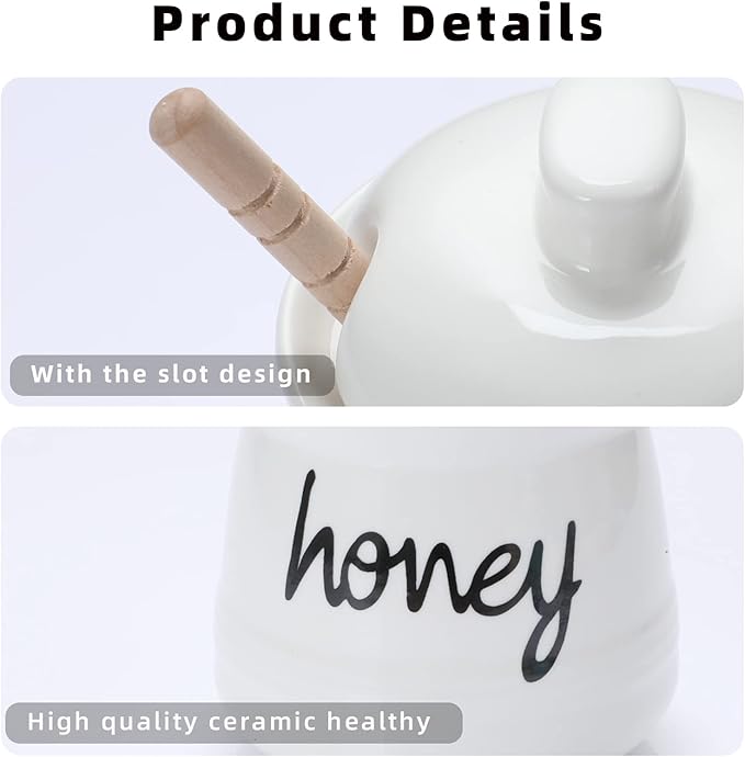 12 oz Honey Jar with Dipper and Lid, Ceramic Honey Pot, White