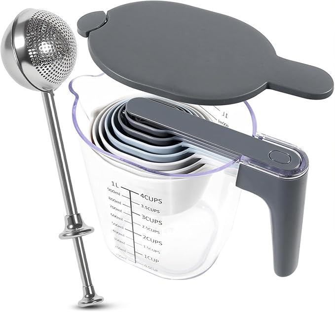 11-Piece Measuring Cups and Spoons Set with Stackable Measuring Cup, Lid, and Flour Duster, Unique Kitchen Gadgets for Baking and Cooking, BPA-Free, Dishwasher Safe