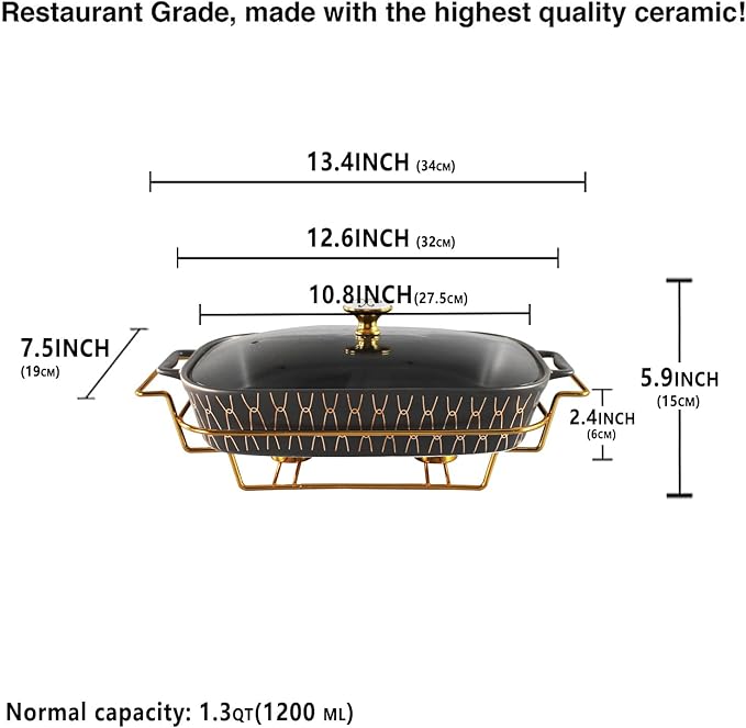 10" x 7" Ceramic Rectangular Casserole Dish with Glass Lid and rack, 1.3 Quart Serving Soup Tureen,Chafing Dish for Buffet, Family Food preserve Tray, Catering for Party Style, Black